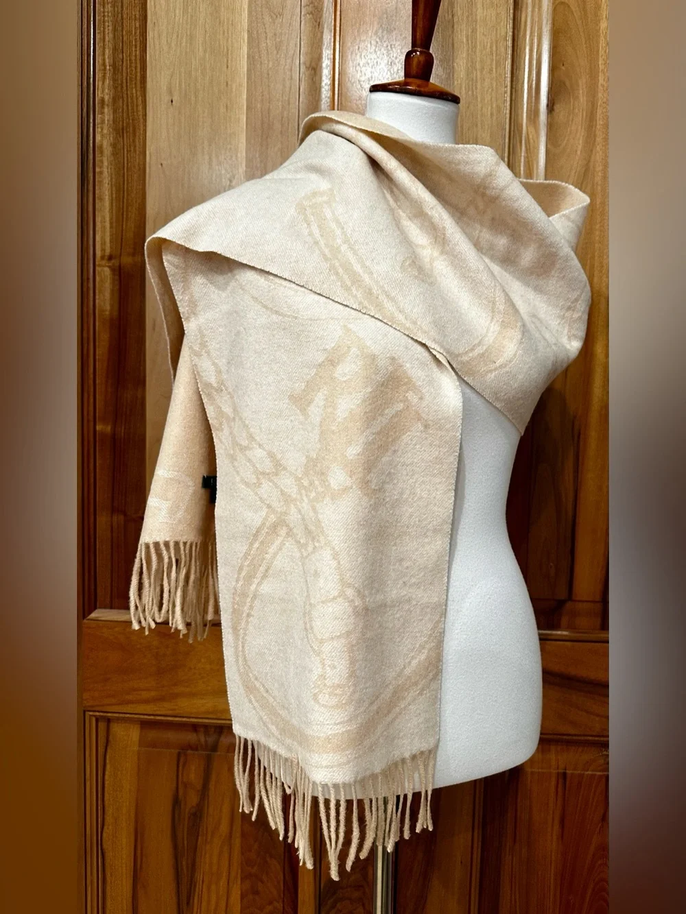 Ralph Lauren Pure Wool, Cream & Camel Fringed Equestrian Belting-Motif Scarf EUC